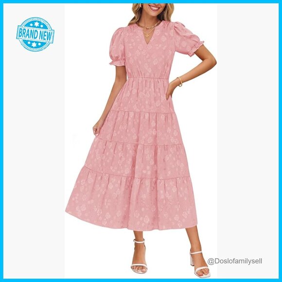 Dresses & Skirts - Floral Textured Midi Dress Puff Sleeve V Neck Ruffle Chic Summer Party Wear